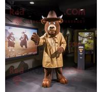 Personnage De Costume De Mascotte Redbrokoly Minotaure Marron Habillé D'un Imperméable Et De Bérets Multicolore
