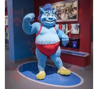 Personnage De Costume De Mascotte Redbrokoly Ogre Bleu Ciel Habillé D'un Short De Course Et De Porte-Monnaie Multicolore