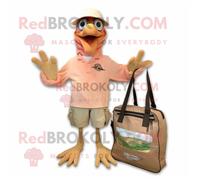 Personnage De Costume De Mascotte Redbrokoly Peach Archaeopteryx Habillé D'un Pantalon Cargo Et De Sacs Fourre-Tout Multicolore