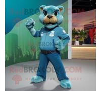 Personnage De Costume De Mascotte Redbrokoly Puma Bleu Sarcelle Habillé D'un Jean Et D'épinglettes Multicolore