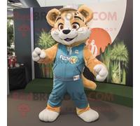 Personnage De Costume De Mascotte Redbrokoly Puma Habillé D'une Salopette Et De Bandeaux Multicolore