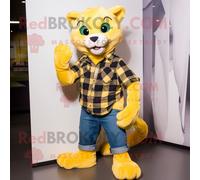 Personnage De Costume De Mascotte Redbrokoly Puma Jaune Citron Habillé D'une Chemise En Flanelle Et De Châles Multicolore