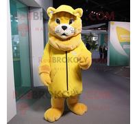 Personnage De Costume De Mascotte Redbrokoly Puma Jaune Citron Habillé D'une Parka Et De Chapeaux Multicolore