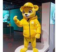 Personnage De Costume De Mascotte Redbrokoly Puma Jaune Citron Habillé D'une Parka Et De Chapeaux Multicolore