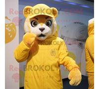 Personnage De Costume De Mascotte Redbrokoly Puma Jaune Citron Habillé D'une Parka Et De Chapeaux Multicolore