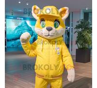 Personnage De Costume De Mascotte Redbrokoly Puma Jaune Citron Habillé D'une Parka Et De Chapeaux Multicolore