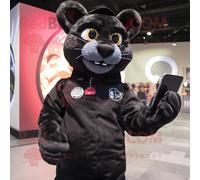 Personnage De Costume De Mascotte Redbrokoly Puma Noir Habillé D'une Salopette Et De Portefeuilles Multicolore