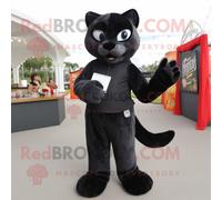 Personnage De Costume De Mascotte Redbrokoly Puma Noir Habillé D'une Salopette Et De Portefeuilles Multicolore