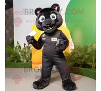 Personnage De Costume De Mascotte Redbrokoly Puma Noir Habillé D'une Salopette Et De Portefeuilles Multicolore