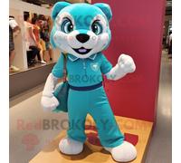 Personnage De Costume De Mascotte Redbrokoly Puma Turquoise Habillé D'une Mini Jupe Et De Sacs À Main Multicolore