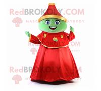 Personnage De Costume De Mascotte Redbrokoly Red Pot Of Gold Habillé D'une Robe De Soirée Et De Wraps Multicolore