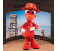 Personnage De Costume De Mascotte Redbrokoly Red Sea Horse Habillé Avec Une Chemise Henley Et Des Chapeaux Multicolore