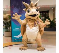 Personnage De Costume De Mascotte Redbrokoly Tan Triceratops Habillé D'un Maillot De Bain Une Pièce Et D'écharpes Multicolore