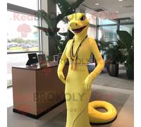 Personnage De Costume De Mascotte Redbrokoly Titanoboa Jaune Citron Habillé D'une Robe Fourreau Et D'épingles À Cravate Multicolore