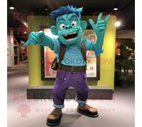 Personnage De Costume De Mascotte Redbrokoly Turquoise Frankenstein S Monster Habillé D'un Short Cargo Et De Bretelles Multicolore