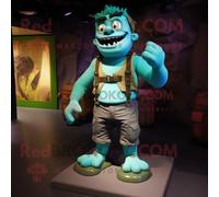 Personnage De Costume De Mascotte Redbrokoly Turquoise Frankenstein S Monster Habillé D'un Short Cargo Et De Bretelles Multicolore