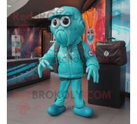 Personnage De Costume De Mascotte Redbrokoly Turquoise Fried Calamari Habillé D'un Blouson Aviateur Et De Porte-Documents Multicolore