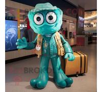 Personnage De Costume De Mascotte Redbrokoly Turquoise Fried Calamari Habillé D'un Blouson Aviateur Et De Porte-Documents Multicolore
