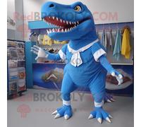 Personnage De Costume De Mascotte Redbrokoly Tyrannosaurus Bleu Habillé D'une Jupe Portefeuille Et De Pinces À Chaussures Multicolore
