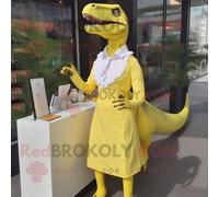 Personnage De Costume De Mascotte Redbrokoly Tyrannosaurus Jaune Citron Habillé D'une Robe Fourreau Et De Boucles D'oreilles Multicolore