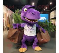 Personnage De Costume De Mascotte Redbrokoly Tyrannosaurus Violet Habillé D'un Short Cargo Et De Sacs Fourre-Tout Multicolore