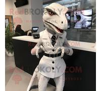 Personnage De Costume De Mascotte Redbrokoly Velociraptor Blanc Habillé D'une Jupe Crayon Et De Montres Numériques Multicolore