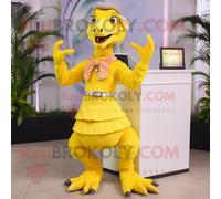 Personnage De Costume De Mascotte Redbrokoly Velociraptor Jaune Citron Habillé Avec Une Robe Midi Et Des Colliers Multicolore