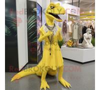 Personnage De Costume De Mascotte Redbrokoly Velociraptor Jaune Citron Habillé Avec Une Robe Midi Et Des Colliers Multicolore