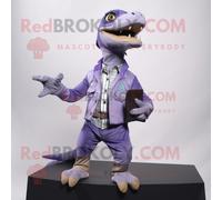 Personnage De Costume De Mascotte Redbrokoly Velociraptor Lavande Habillé D'une Chemise Oxford Et De Mitaines Multicolore