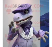 Personnage De Costume De Mascotte Redbrokoly Velociraptor Lavande Habillé D'une Chemise Oxford Et De Mitaines Multicolore