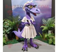 Personnage De Costume De Mascotte Redbrokoly Velociraptor Lavande Vêtu D'une Jupe Longue Et De Lunettes Multicolore