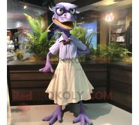 Personnage De Costume De Mascotte Redbrokoly Velociraptor Lavande Vêtu D'une Jupe Longue Et De Lunettes Multicolore