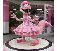 Personnage De Costume De Mascotte Redbrokoly Velociraptor Rose Habillé D'une Jupe Plissée Et D'anneaux Multicolore