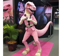 Personnage De Costume De Mascotte Redbrokoly Velociraptor Rose Habillé D'une Mini Jupe Et De Ceintures Multicolore