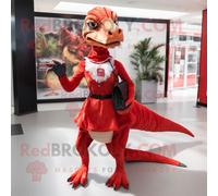 Personnage De Costume De Mascotte Redbrokoly Velociraptor Rouge Habillé D'une Mini Jupe Et De Pochettes Multicolore