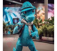 Personnage De Costume De Mascotte Redbrokoly Velociraptor Turquoise Habillé D'une Jupe Et De Casquettes Multicolore