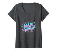 Personnage Principal Energy Neon Burst Typographie T-Shirt avec Col en V, Femme, Chiné Foncé, S