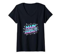 Personnage Principal Energy Neon Burst Typographie T-Shirt avec Col en V, Femme, Noir, XL