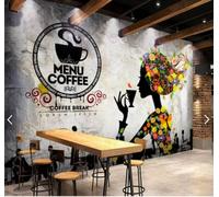 Personnages Créatifs Dessinés À La Main Fleurs Café Papier Peint 3D Installation Facile Intissé Tapisserie Bureau Salon Canapé Chambre Décoration Murale-250cm×170cm