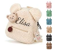 Personnalisable Sac a Dos Enfant, Broderie Petit Sac à Dos Bebe, Mini Cartable Maternelle Fille & Garcon, Peluche Doux Ours Teddy Sac Ecole Bébé Crèche pour L'école et Le Voyage 31cm x 24cm (Béige)