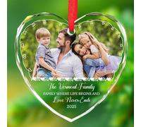 Personnalisé Ajouter une image et un nom Ornement en verre familial Noël 2025, Famille où la vie commence et l'amour ne finit jamais Ornements Cadeaux souvenirs, Ornement en verre image personnalisée