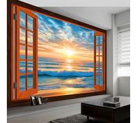 Personnalisé Bleu Papier Peint Mural Réaliste Lever Soleil Plage Vagues, Geant intissé Poster Photo pour Salon Chambre d'enfants Fond Tv murale Décoration Papier Peint Panoramique 300 x 210 cm