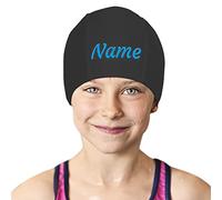 Personnalisé Bonnets de Bain,Bonnet de Bain Nom Brodé,Adulte Enfants Élastiques Bonnet de Natation Tissu Polyester Souple Confortable (Le Noir)