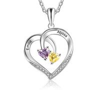 Personnalisé Collier avec 2 Prenoms Argent 925 Coeur Pendentif Collier de Pierre de Naissance Collier Mère Fille Femme Cadeau pour Anniversaire Fête des Mères Saint Valentin