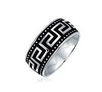 Personnalisé Couples Géométrique Ancienne Fret Design Greek Key Textured Wedding Bague De Mariage Pour Hommes Argent Noir Deux Tons .925 Argent Sterling 9MM Wide Personnalisable