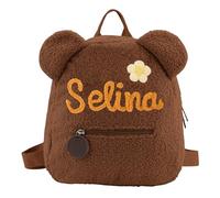 Personnalisé enfants sac à bandoulière, nom personnalisé garçon fille sac à bandoulière avec fleur ours en peluche Plaid sac à bandoulière, mignon petit sac à dos de maternelle (rose / bleu / brun )