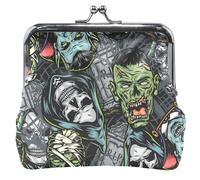 Personnalisé Halloween Monstres Vert Mignon Portefeuille Pour Femmes Cuir Kiss Lock Changer Sac Carte Poche, Halloween Monstres Vert, Classique, Halloween Monstres Vert, Classique