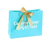 Personnalisé imprimé modèle texte ruban sac cadeau sac en papier, avec Ruban Doré,Sacs Personnalisés pour Événements, Mariage, Noël (Bleu)