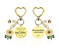 Personnalisé Inspirant Tournesol Abeille Breloques de Sac Personnalisable avec Texte Photo Personnalisables Tournesol Porte Clef Cadeaux Pour à Femme Main Portefeuille Sacs à Dos (Texte Circulaire)