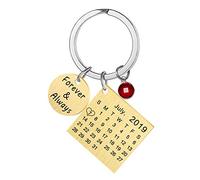 Personnalisé personnalisé Graver Calendrier Date & Message Porte-clés avec Pierre de Naissance en Acier Inoxydable Porte-clés et Porte-clés Anniversaire Memorial Cadeau (Or)